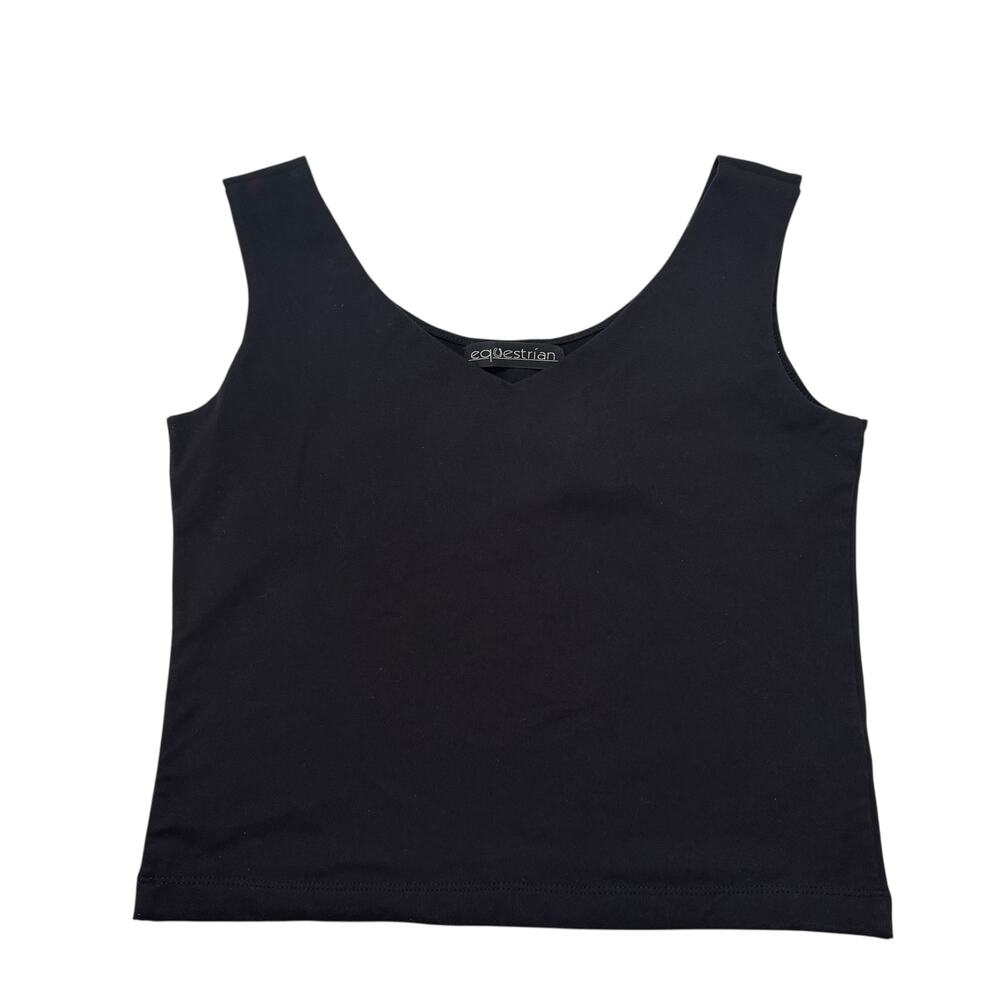 Vintage EQUESTRIAN Black Tactel V-Neck Tank Top Sz Medium Made in USA Wide Strap - Picture 4 of 9